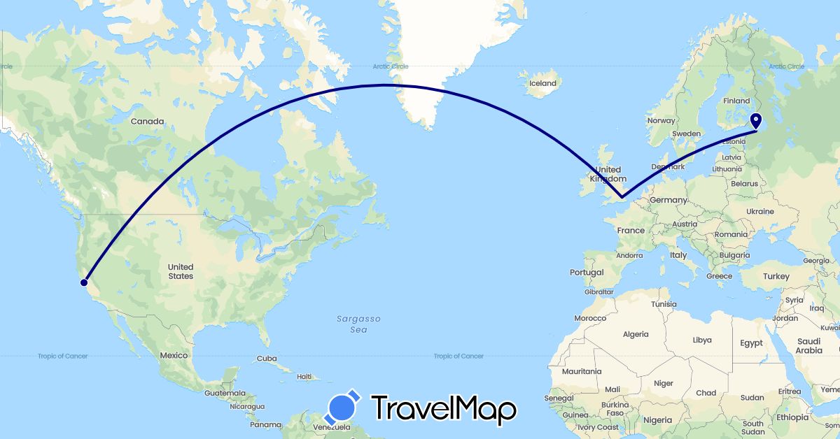 TravelMap itinerary: driving in United Kingdom, Russia, United States (Europe, North America)